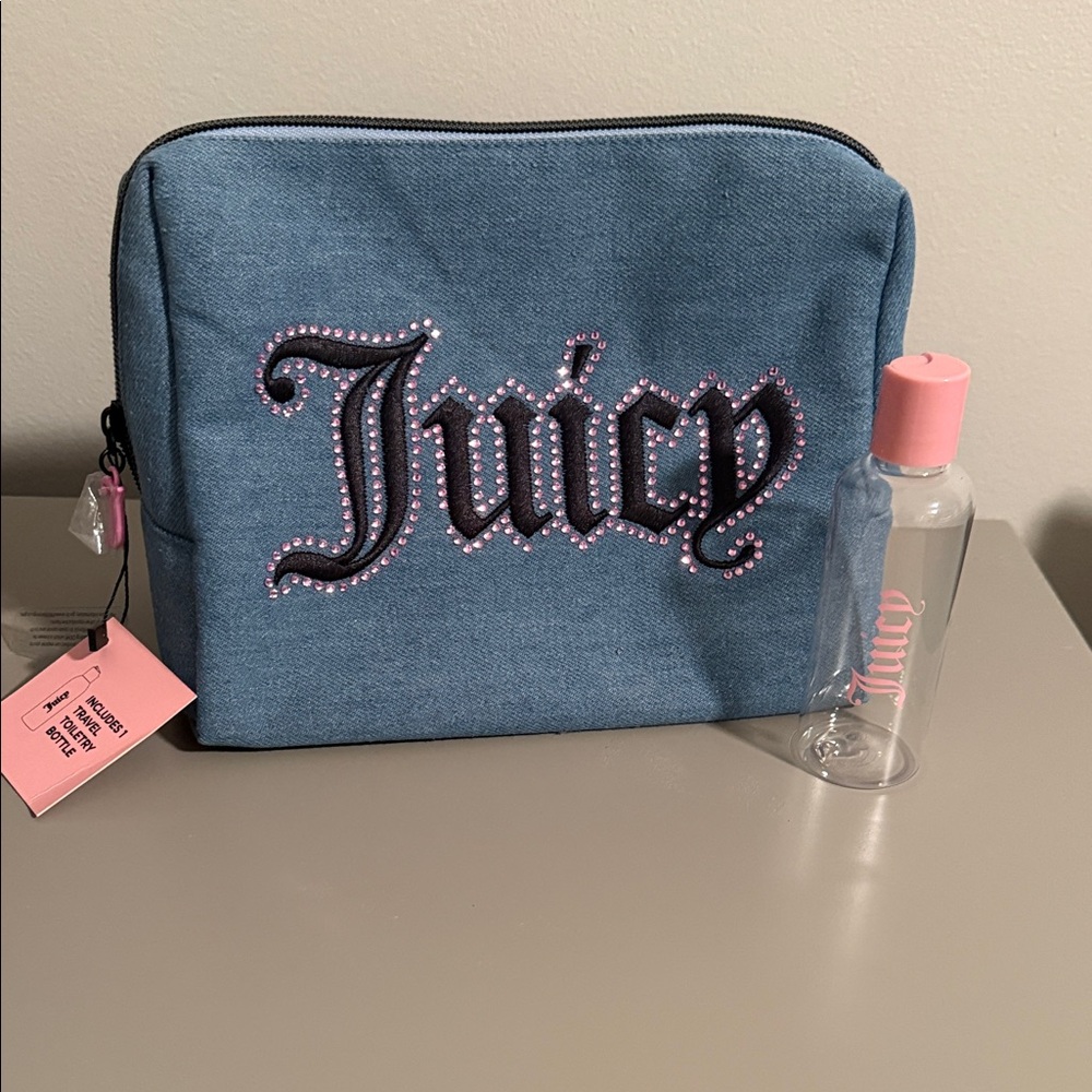 Juicy Couture Denim Blue Pouch with Pink Bottle-NWT